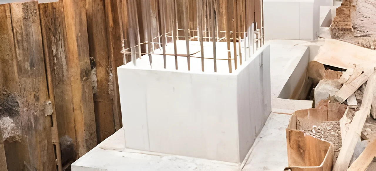 Cast concrete foundation block with starter bars