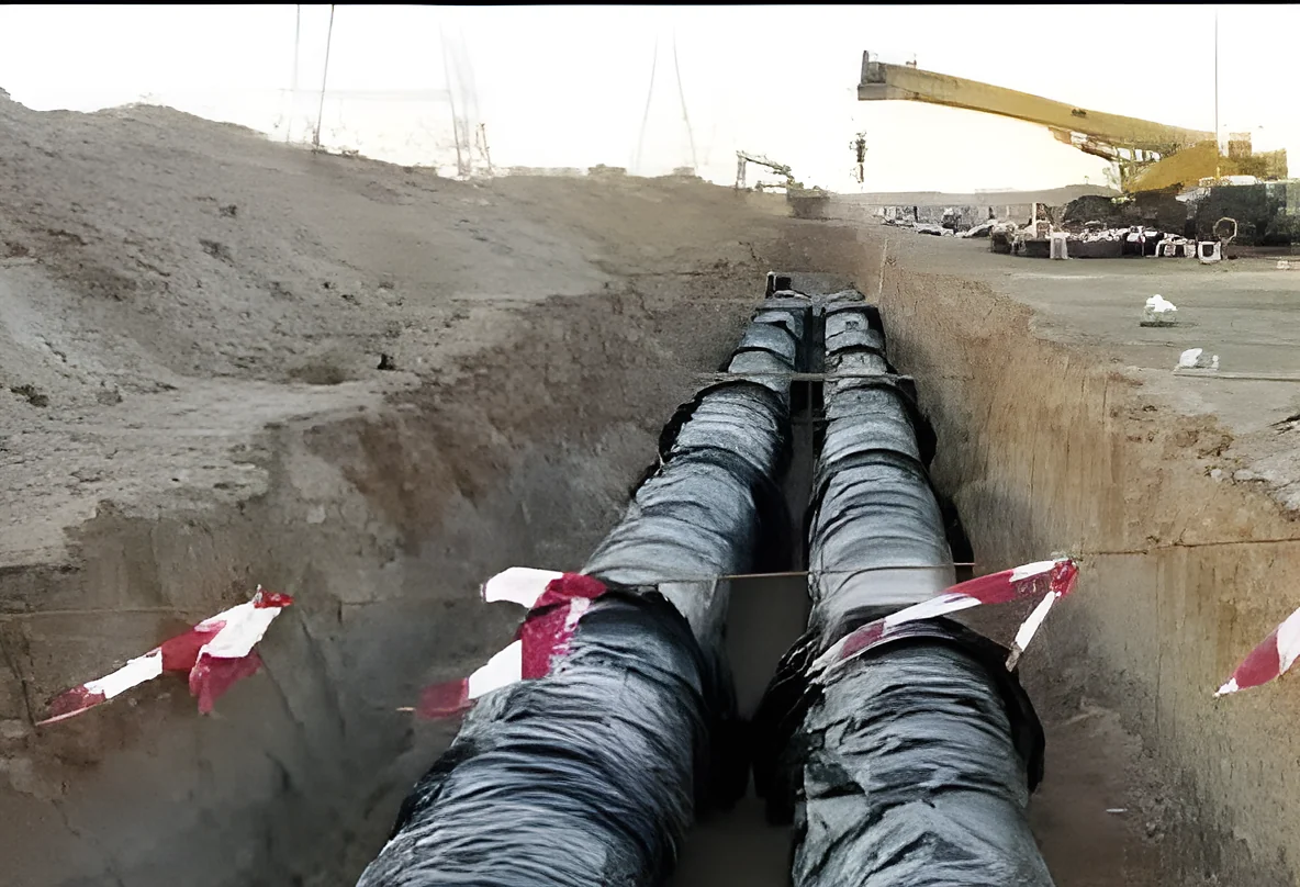 Twin water mains wrapped and laid in the trench, crane beyond
